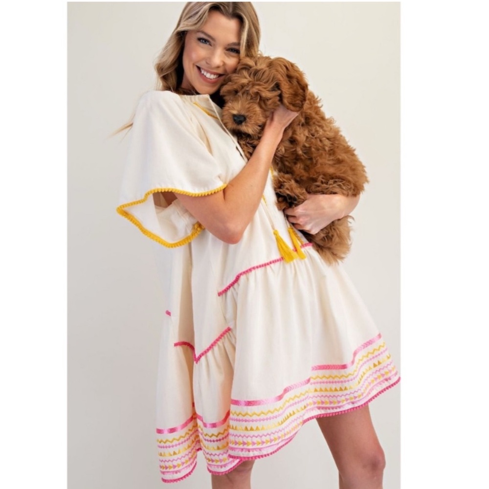 NEW! Easel Cotton Embroidered Pom Pom Trim Flutter Sleeves Pocket Dress! - Picture 3 of 5